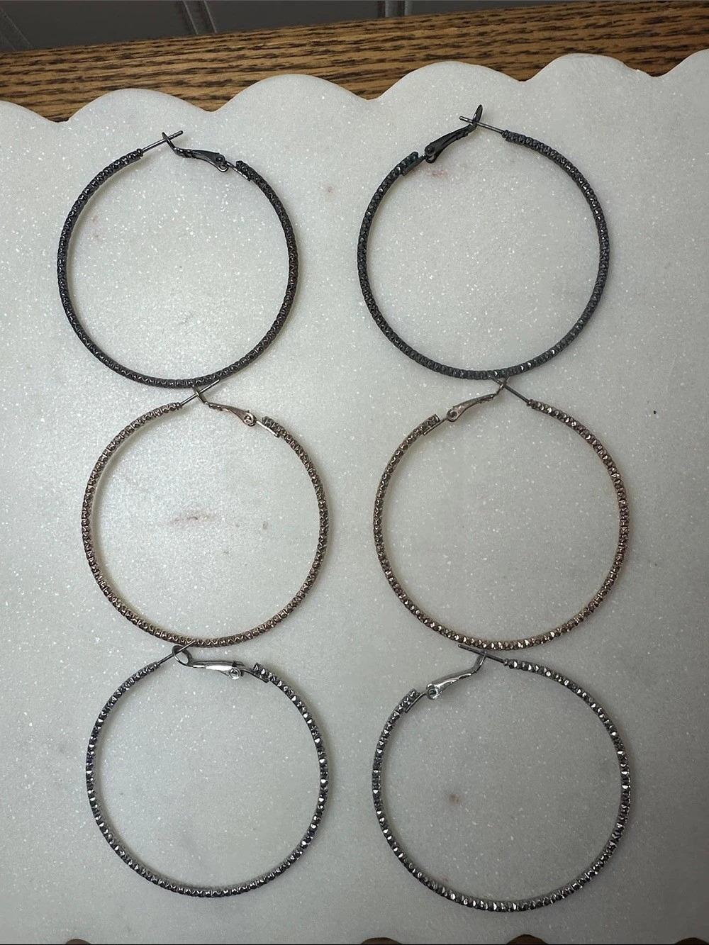 Hoop Earrings Set in Black, Silver and Gold, Good Used Condition